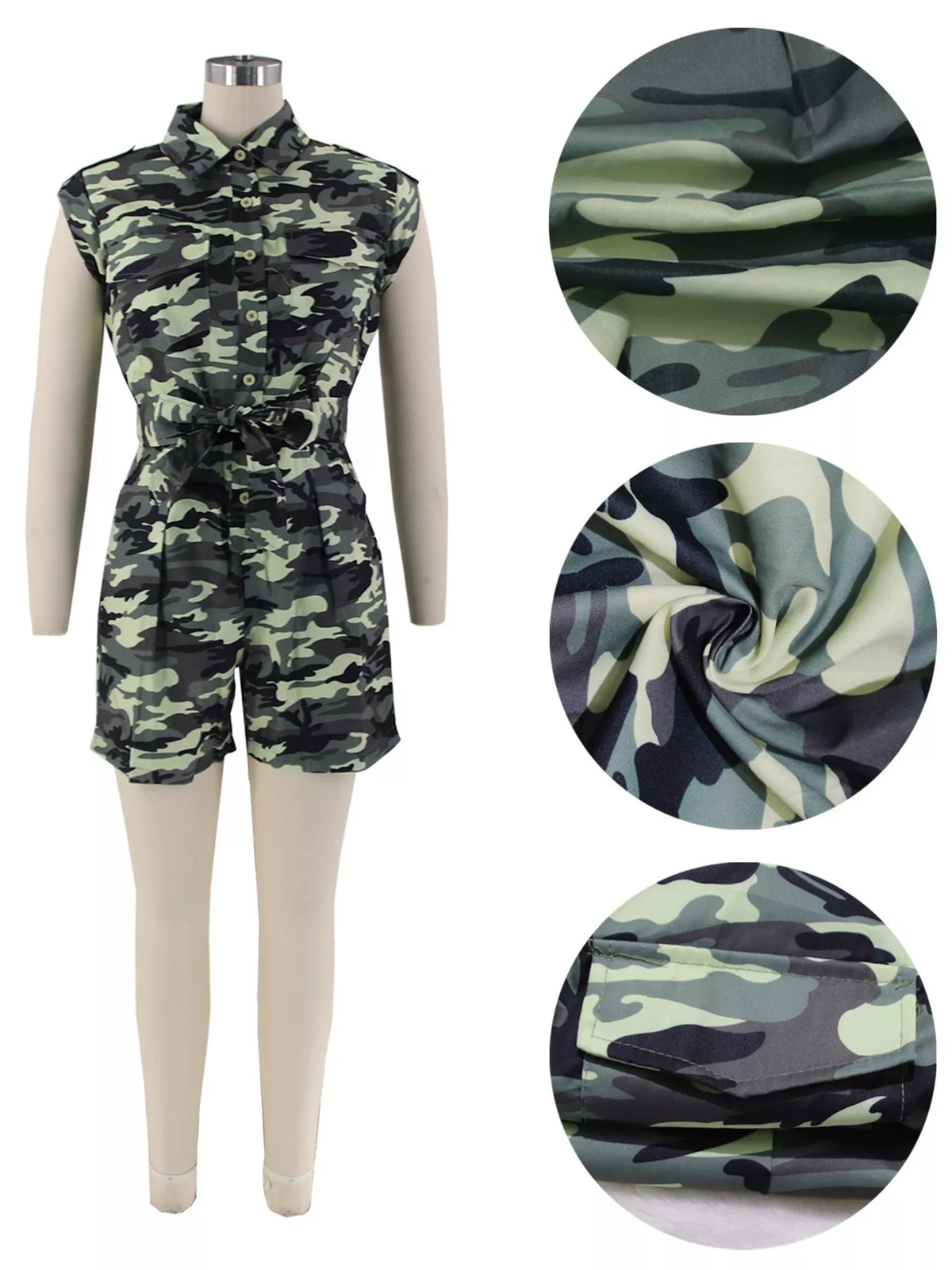 Modern Finesse Vale Camouflage Button Front Tie Waist Romper