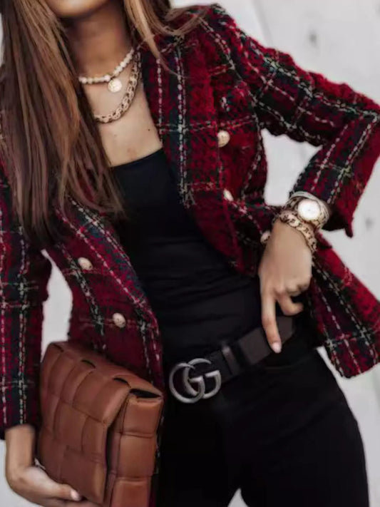 Modern Finesse Heritage Plaid Tweed Double-Breasted Blazer - Plus Size