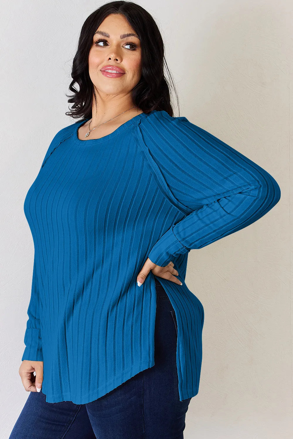 Basic Bae Sienna Ribbed Round Neck Slit T-Shirt
