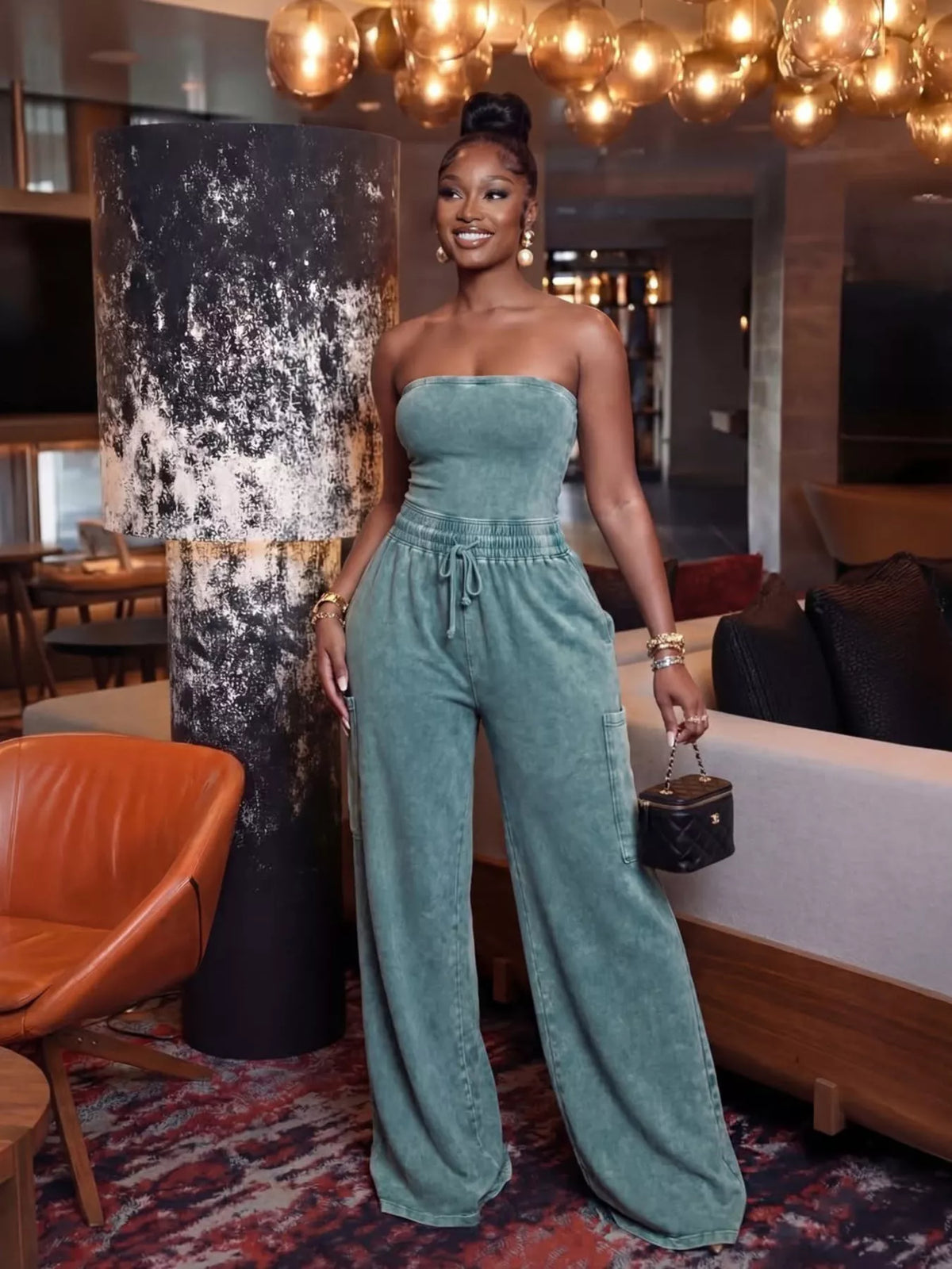 Modern Finesse Remy Drawstring Strapless Wide-Leg Jumpsuit