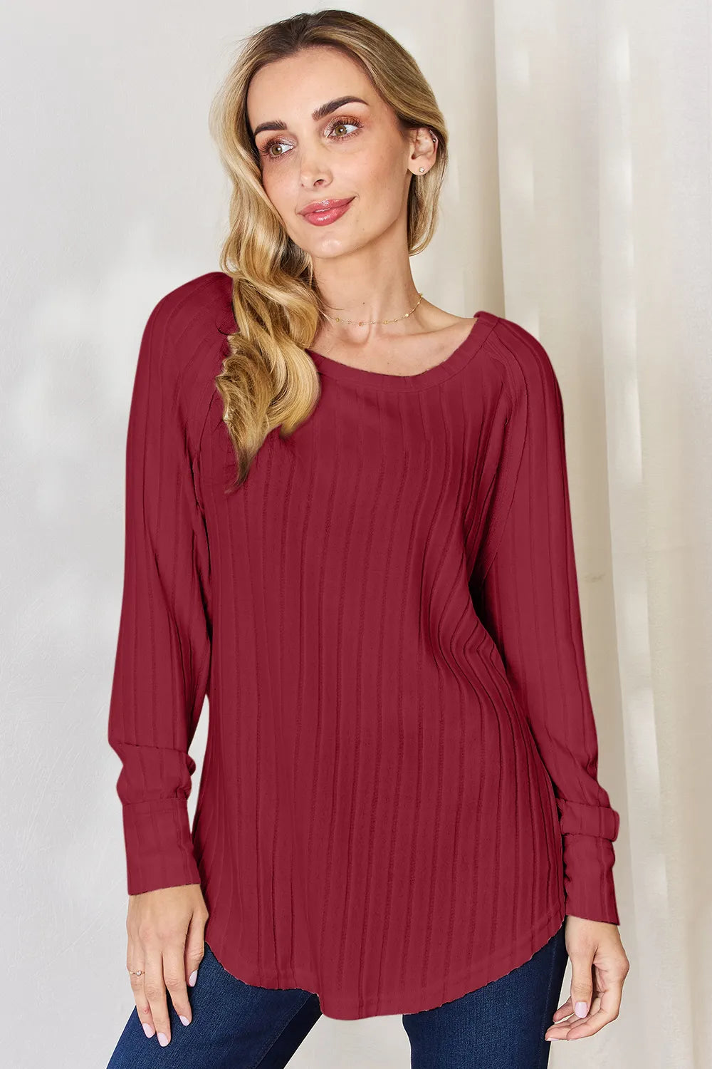 Basic Bae Sienna Ribbed Round Neck Slit T-Shirt