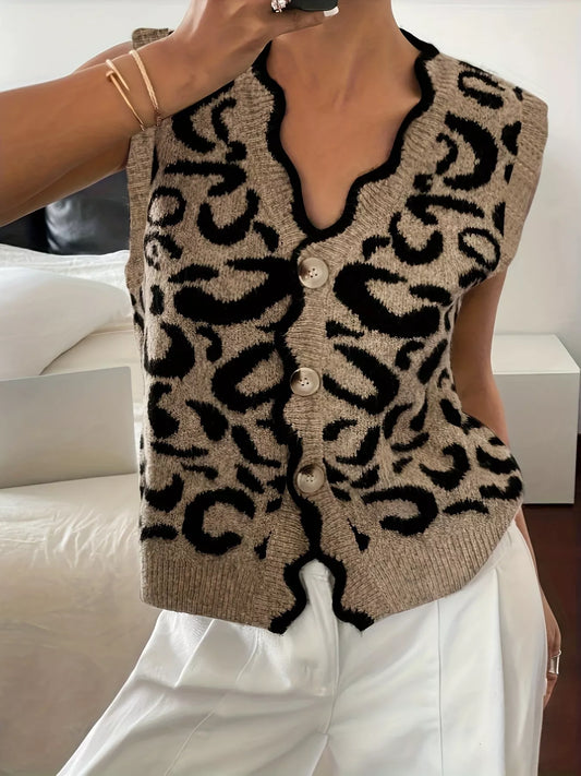 Wild Edge Leopard Scallop Sweater Vest - Plus Size