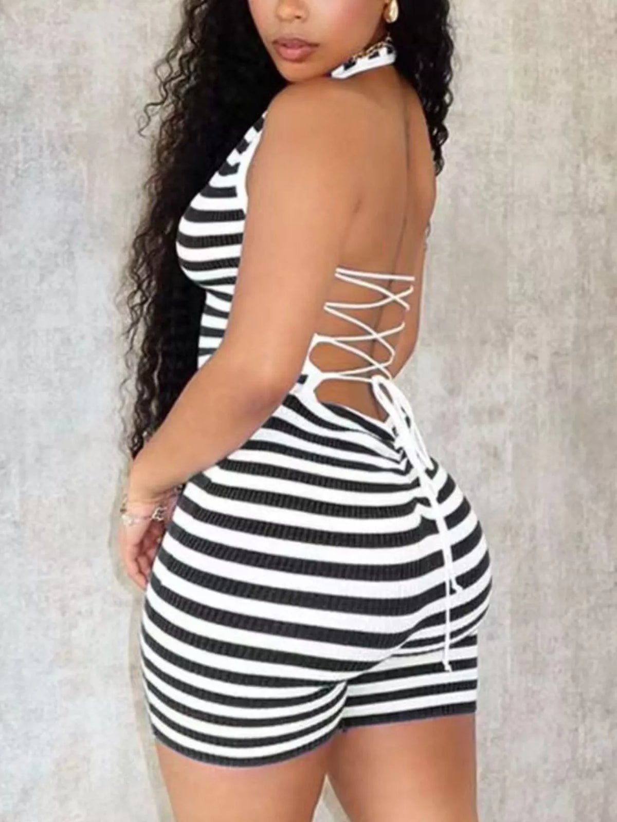 Modern Finesse Liora Striped Halter Neck Romper