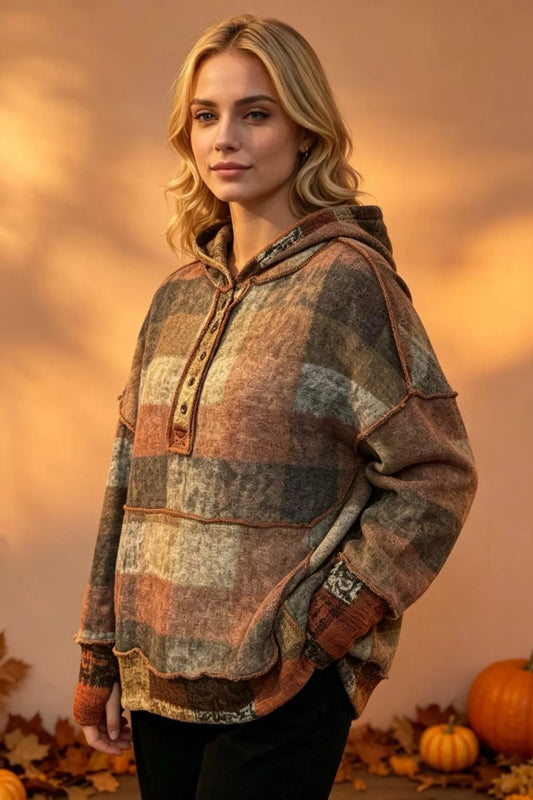 Double Take Arden Plaid Drop-Shoulder Fleece Hoodie — Extended Sizes