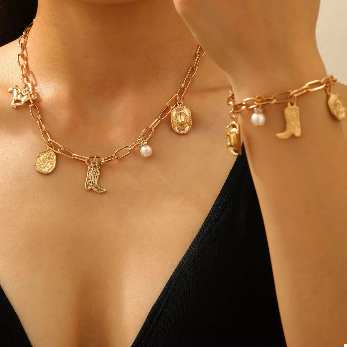 HOF Elara 18K Gold-Plated Charm Necklace and Bracelet Jewelry Set