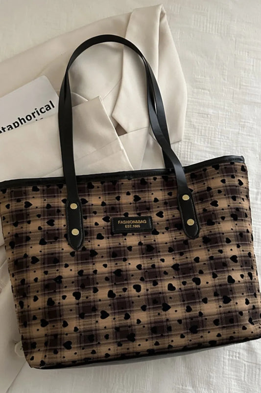 Modern Finesse Arden Heart Plaid PU Leather Strap Tote Bag