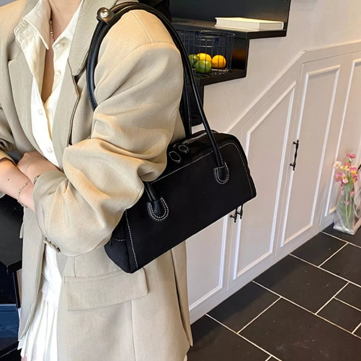 Modern Finesse Sienna Velvet Shoulder Bag with Leather Strap
