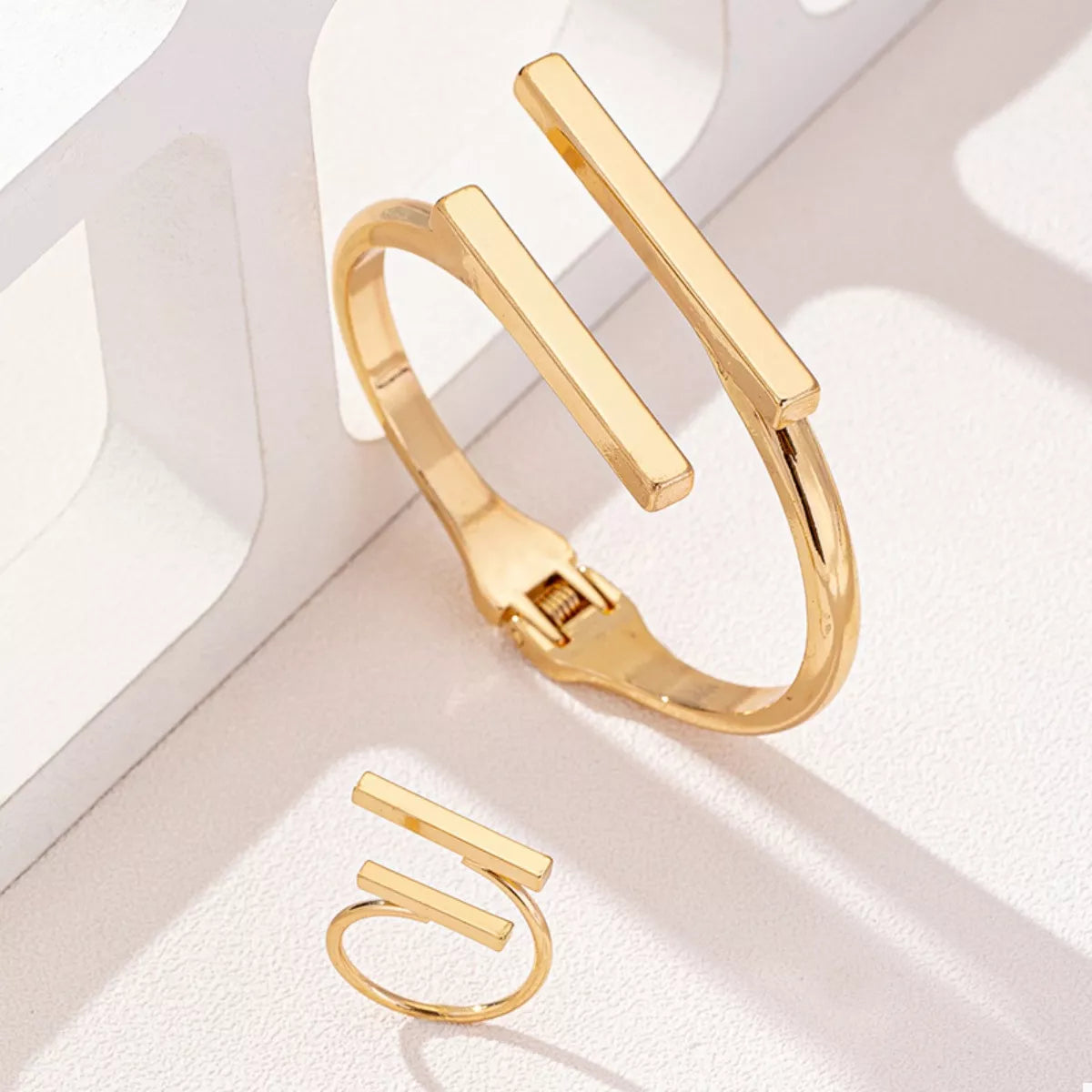 HOF Seren Adjustable 18K Gold-Plated Modern Bar Bracelet and Ring Jewelry Set