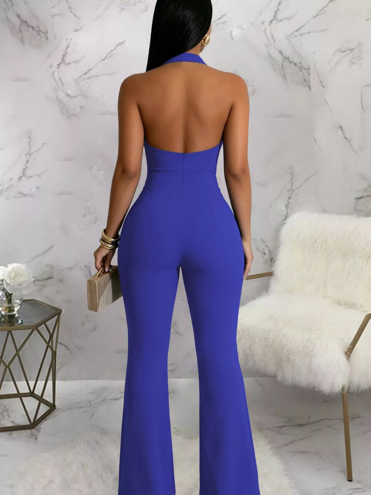 Modern Finesse Nora Halter Neck Cut-Out Flare Jumpsuit with Button Detail