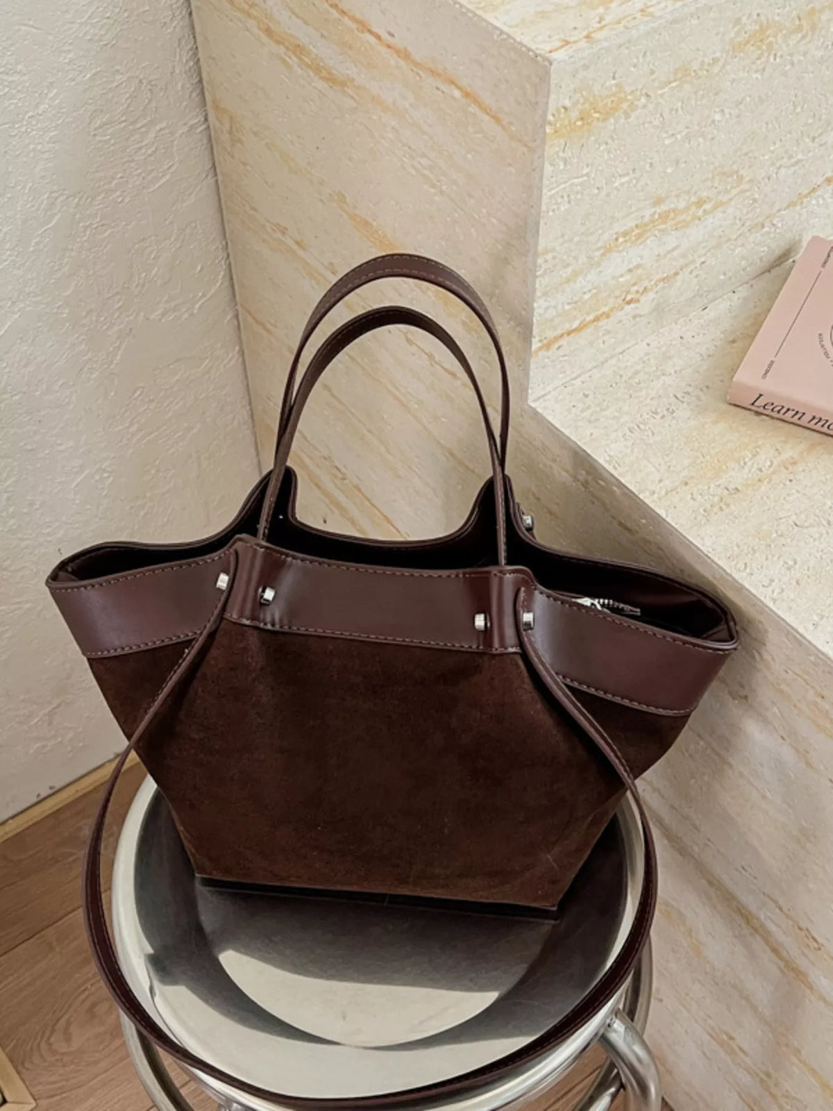Modern Finesse Heritage PU Leather-Trim Suede Tote Bag