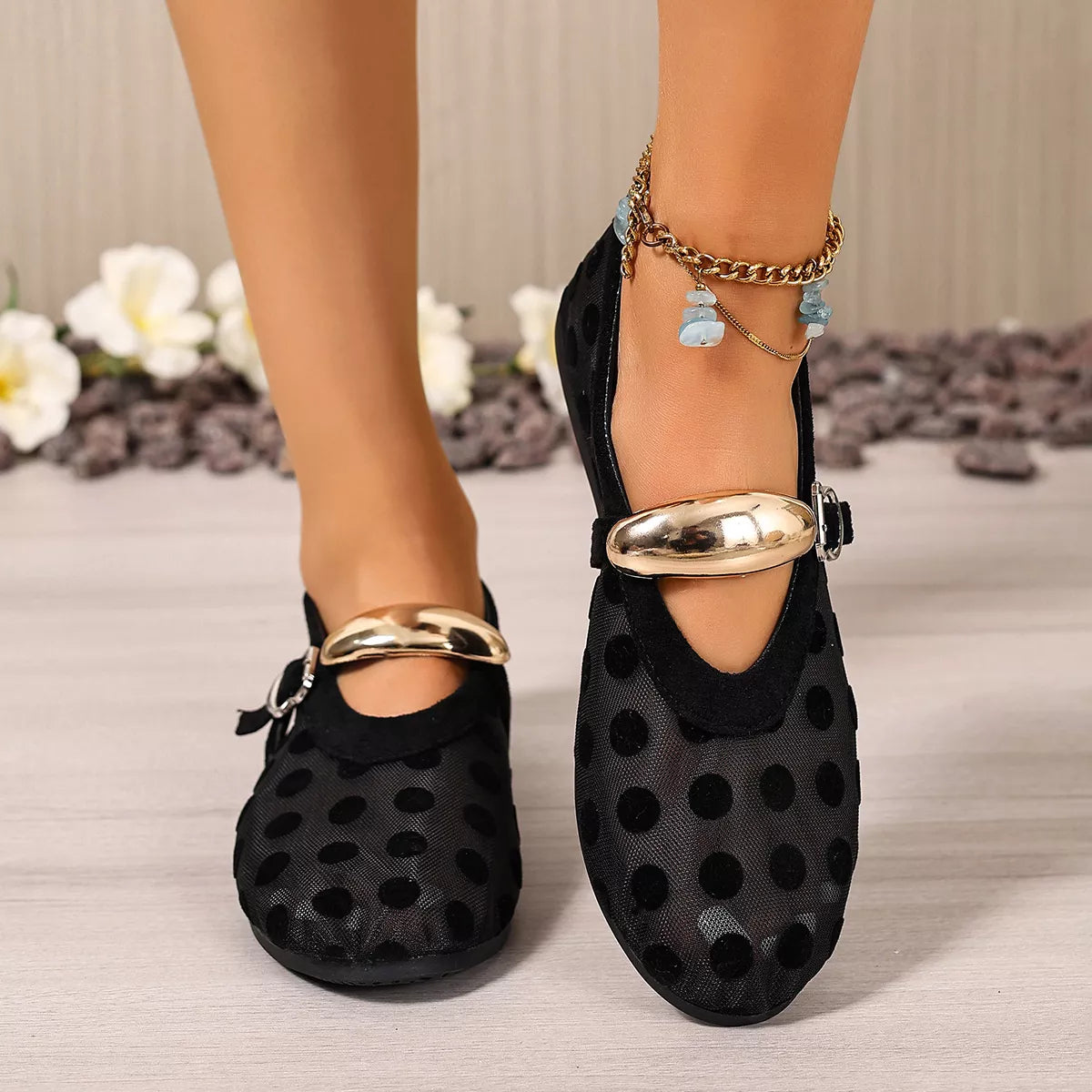 Modern Finesse Vale Polka Dot Mesh Slip-Ons
