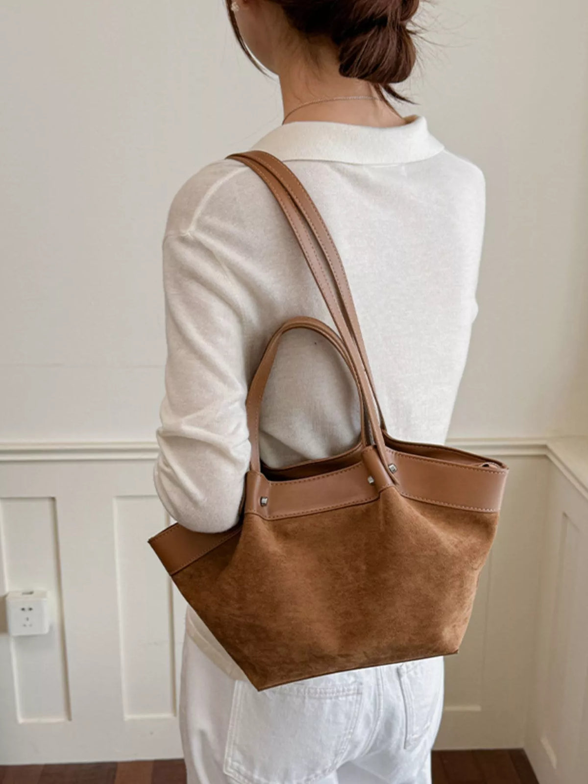 Modern Finesse Heritage PU Leather-Trim Suede Tote Bag