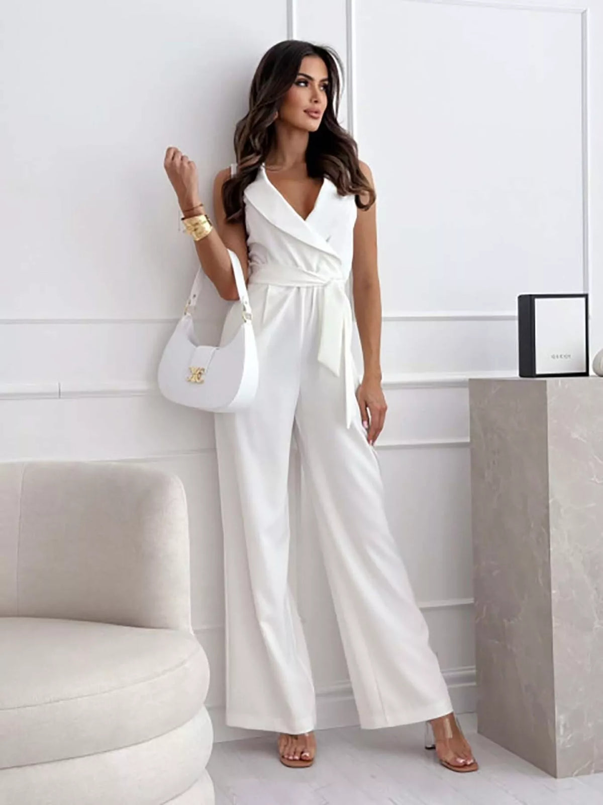 Modern Finesse Pearl Surplice Sleeveless Wide-Leg Jumpsuit
