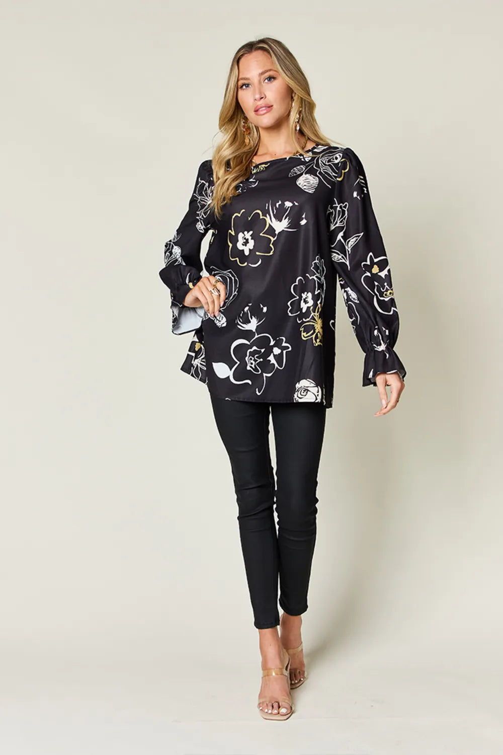 Double Take Sienna Printed Flounce Sleeve Blouse