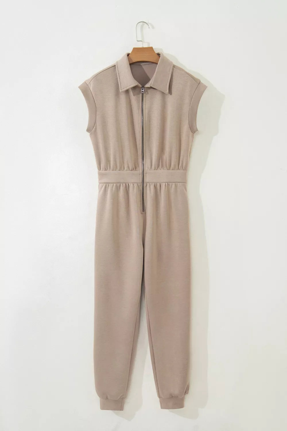 Modern Finesse Gaia Solid Color Zip Front Short Sleeve Collared Jumpsuit