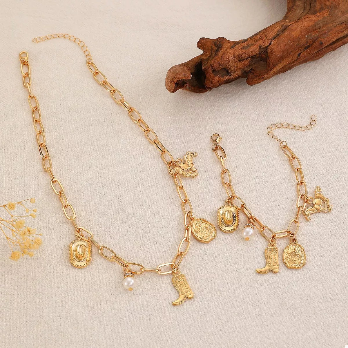 HOF Elara 18K Gold-Plated Charm Necklace and Bracelet Jewelry Set