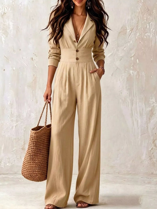 Modern Finesse Arden Lapel Collar Button Front Wide-Leg Jumpsuit
