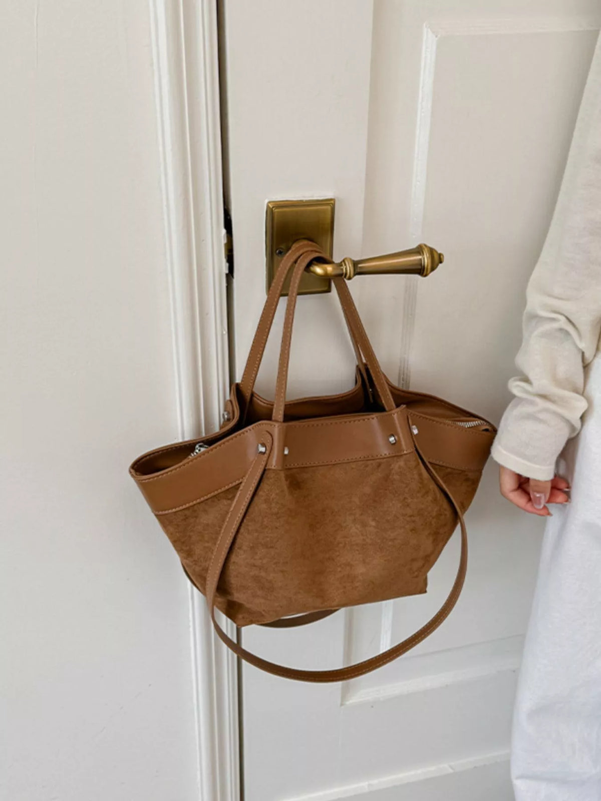 Modern Finesse Heritage PU Leather-Trim Suede Tote Bag