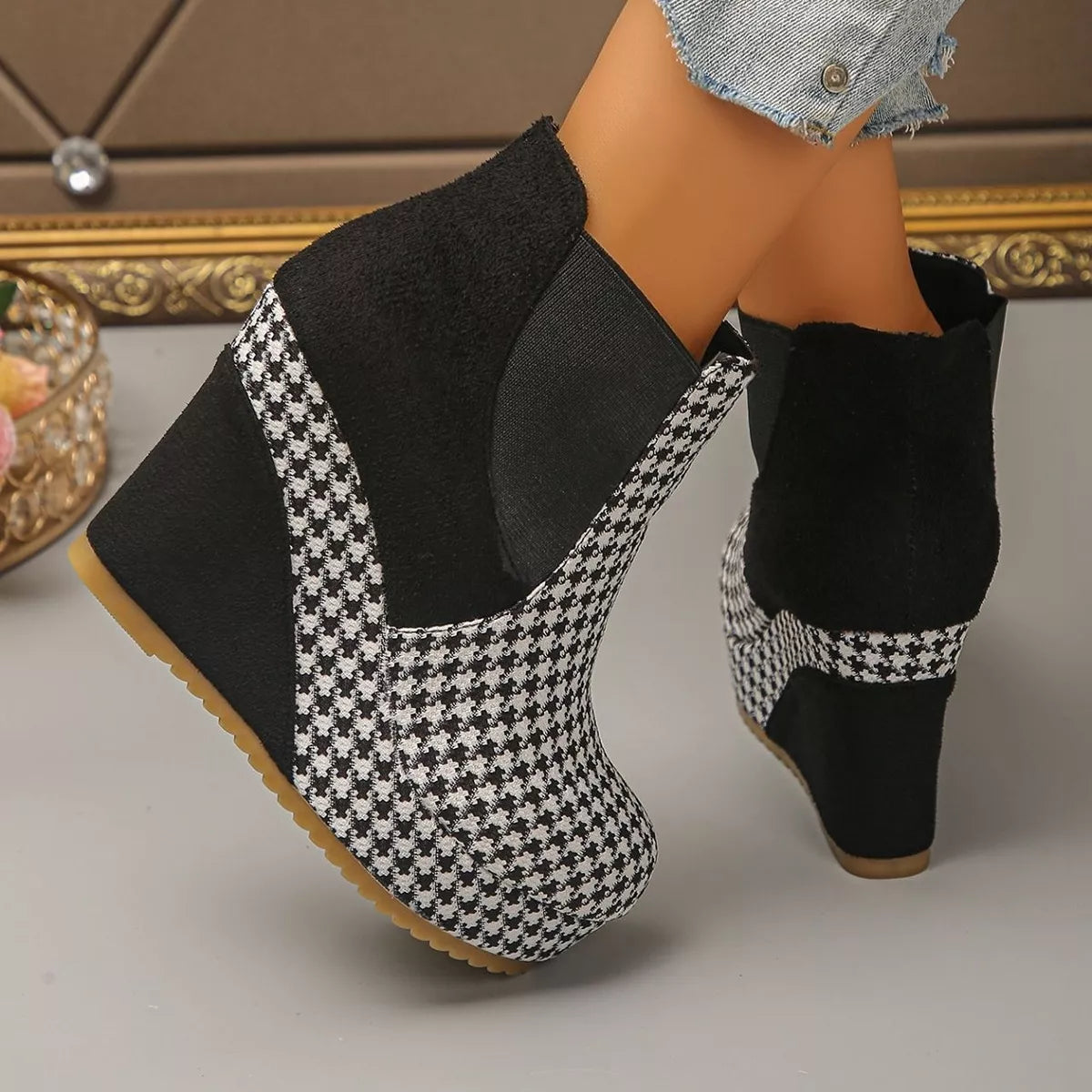 Modern Finesse Marlowe Houndstooth Pattern Wedge Ankle Boots
