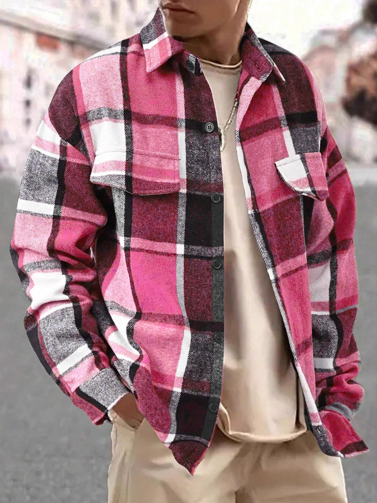 Autumn Grid Dual-Pocket Plaid Shirt - Men's Plus Size