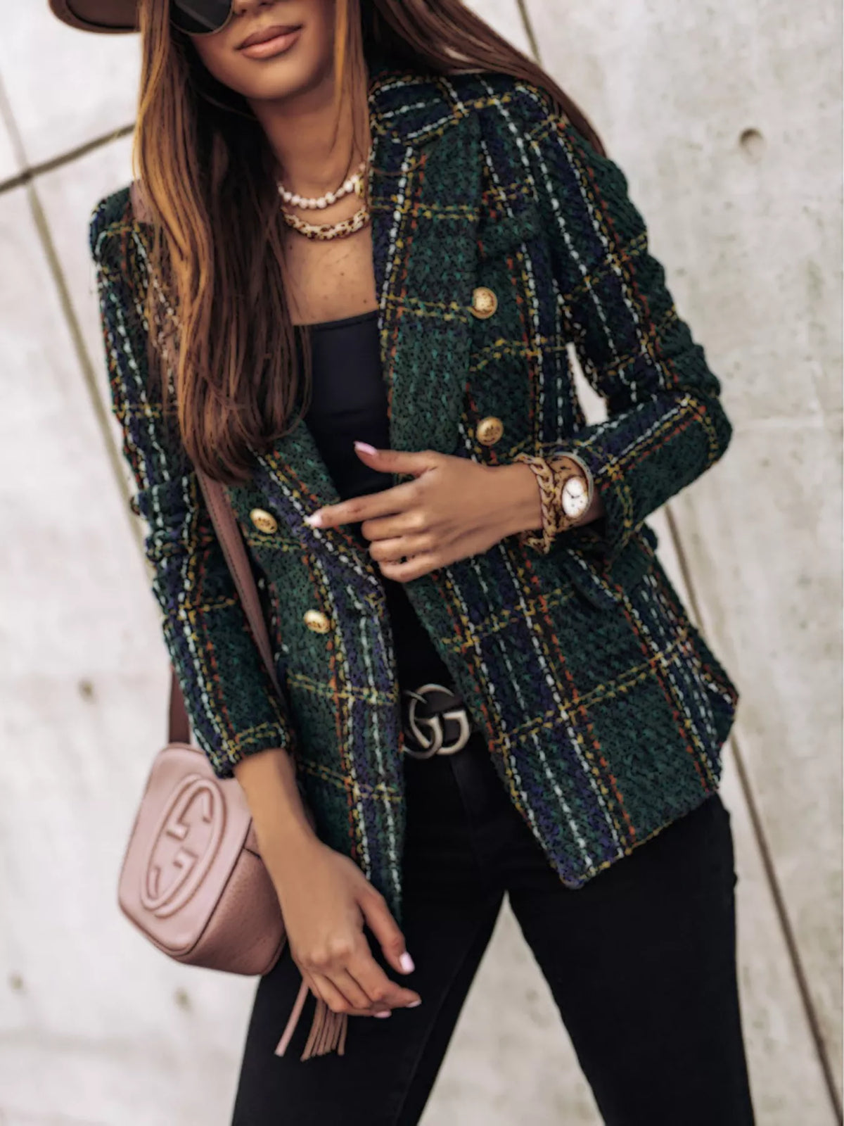 Modern Finesse Heritage Plaid Tweed Double-Breasted Blazer - Plus Size