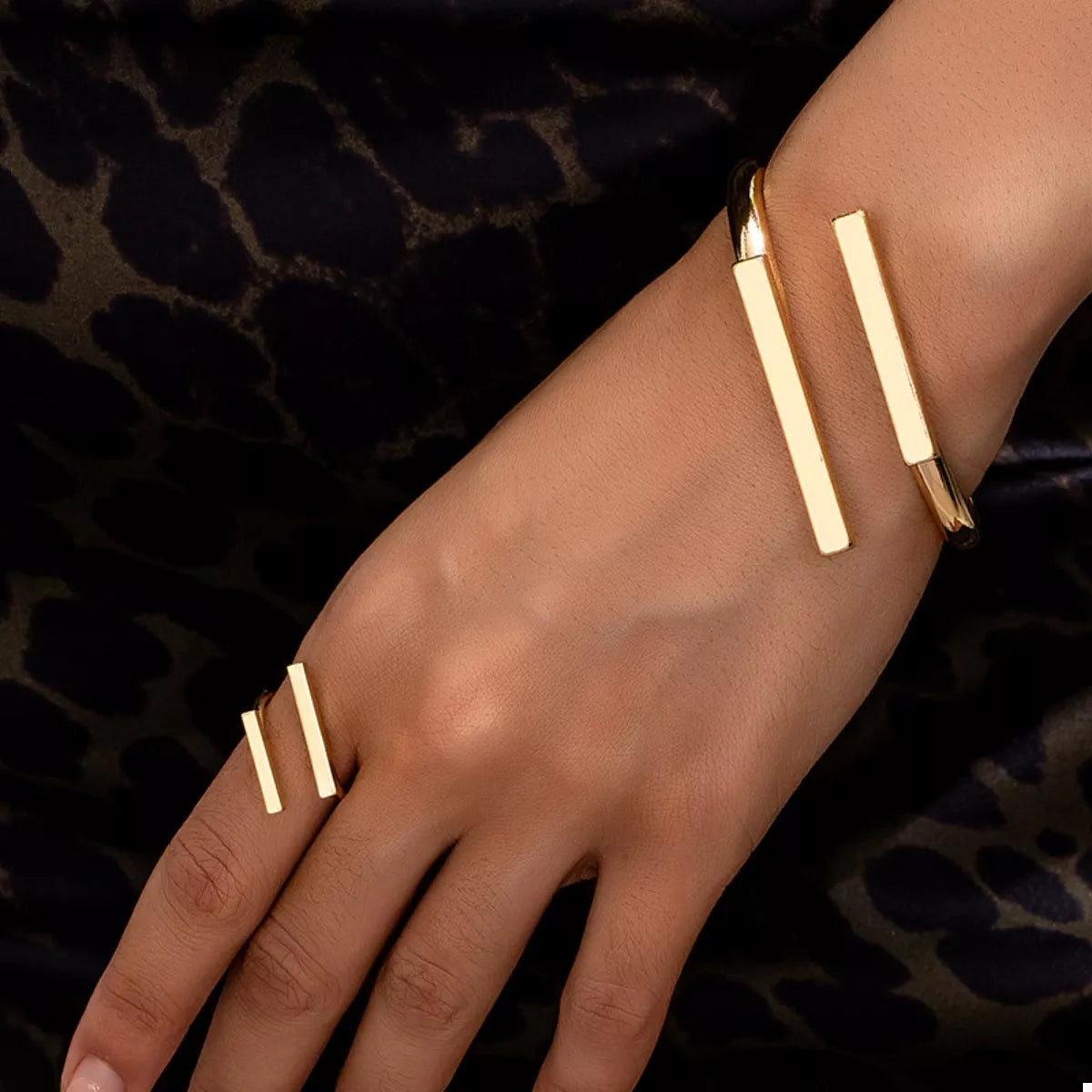 HOF Seren Adjustable 18K Gold-Plated Modern Bar Bracelet and Ring Jewelry Set