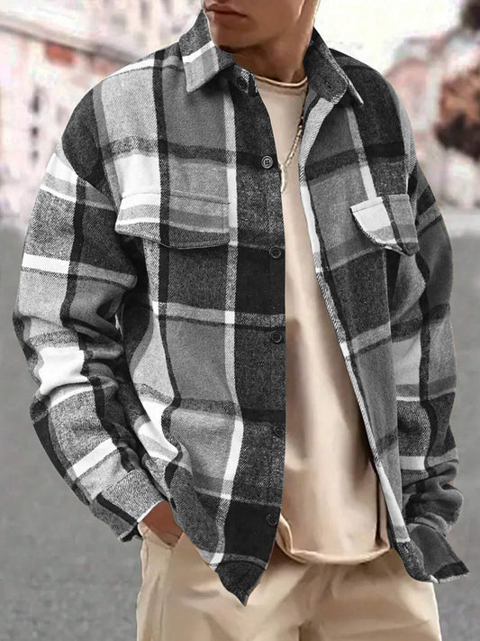 Autumn Grid Dual-Pocket Plaid Shirt - Men's Plus Size