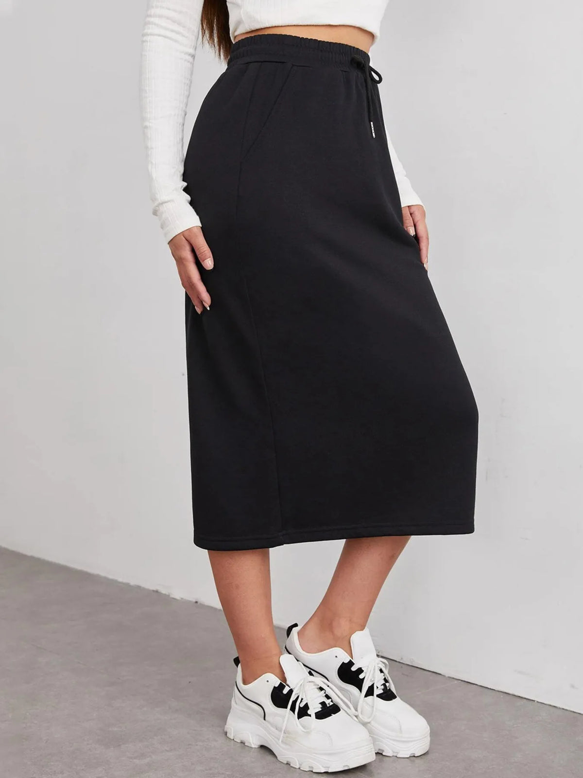 Modern Finesse Arden Slit Drawstring Midi Skirt