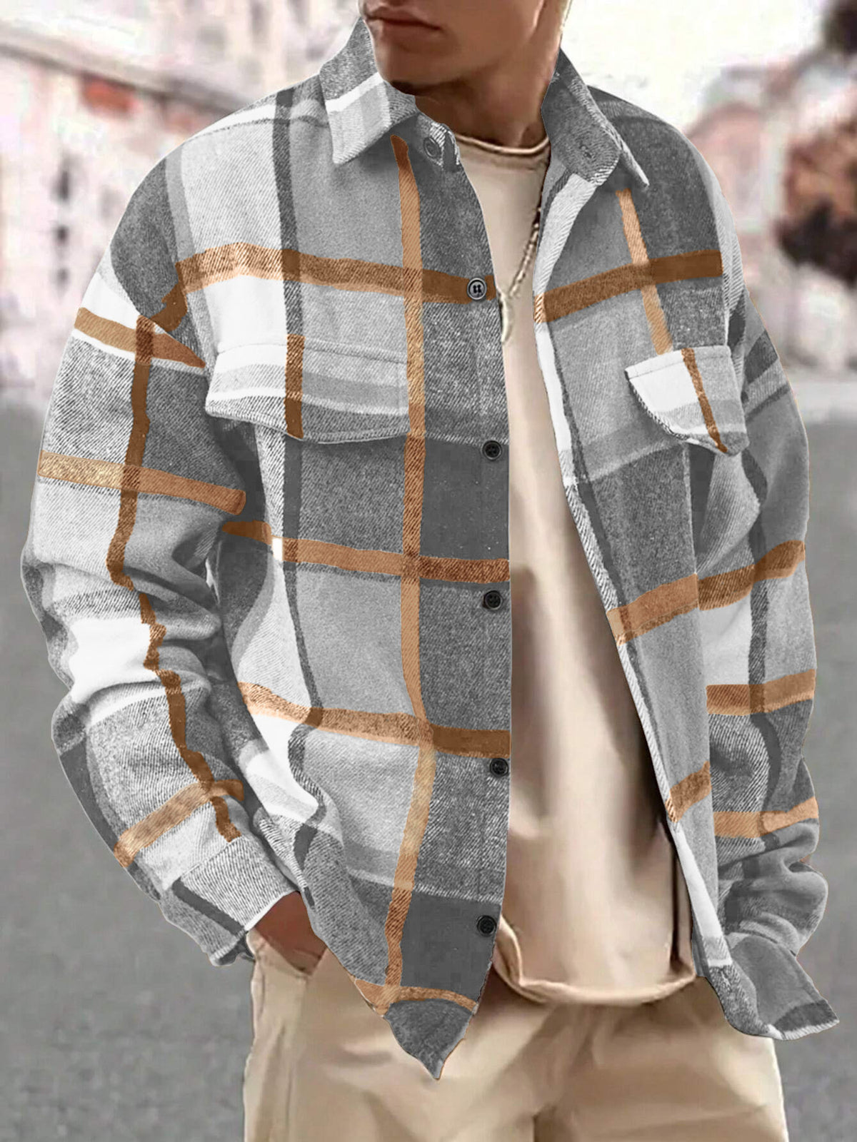 Autumn Grid Dual-Pocket Plaid Shirt - Men's Plus Size