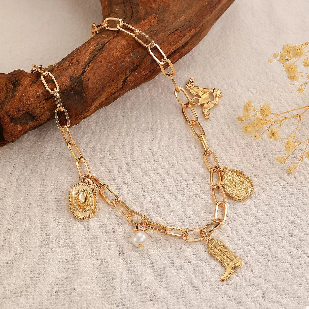 HOF Elara 18K Gold-Plated Charm Necklace and Bracelet Jewelry Set