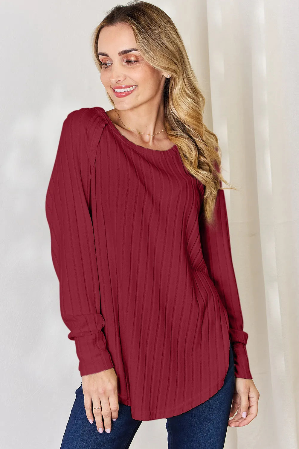 Basic Bae Sienna Ribbed Round Neck Slit T-Shirt