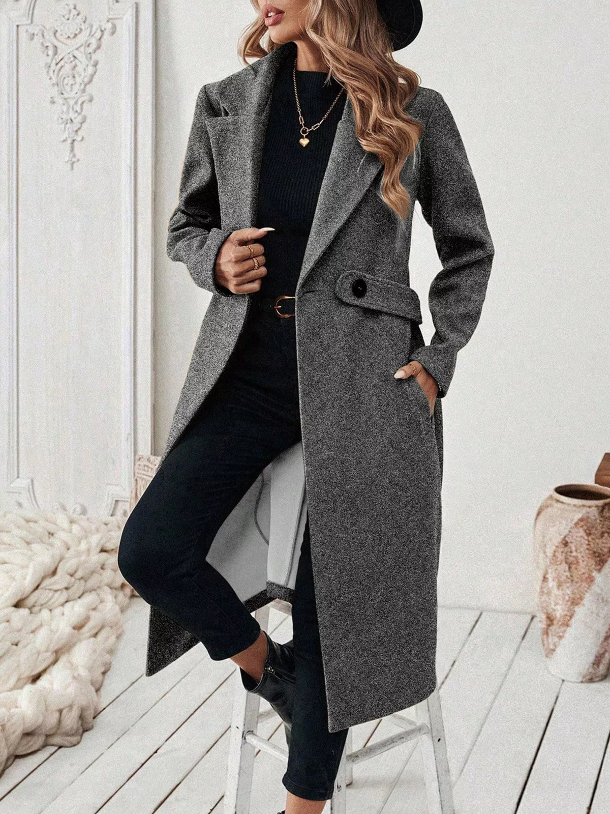 Modern Finesse Elara Lapel Collar Longline Coat