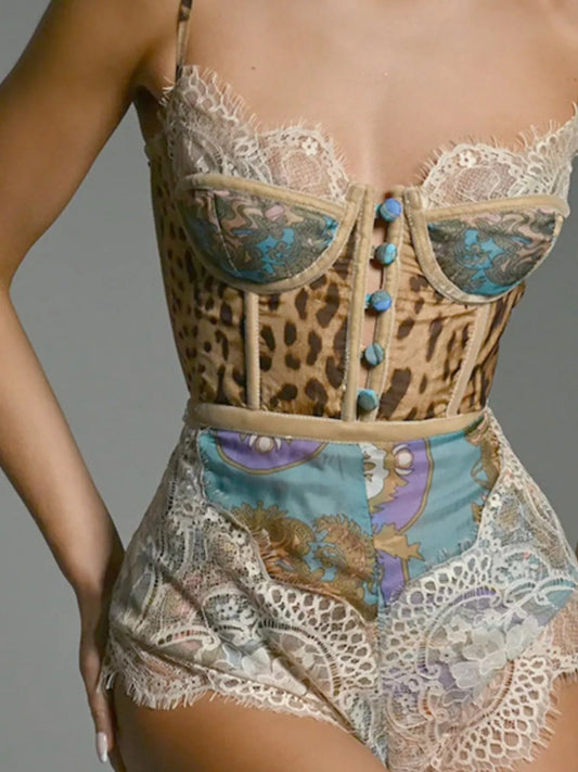 Modern Finesse Isla Leopard Print Lace Trim Romper