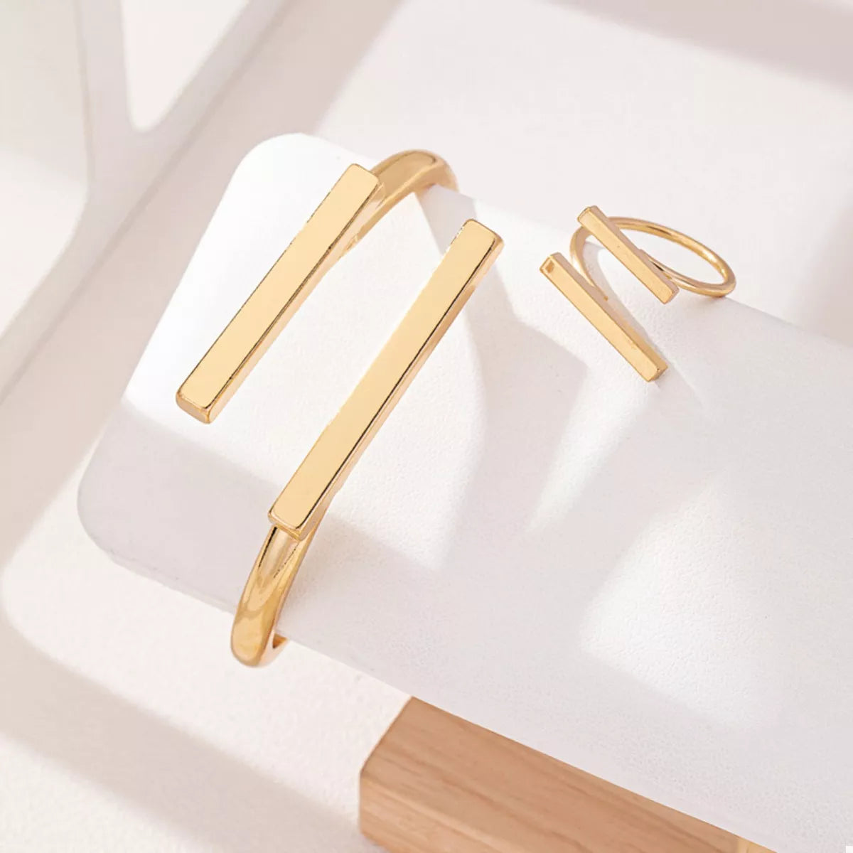 HOF Seren Adjustable 18K Gold-Plated Modern Bar Bracelet and Ring Jewelry Set