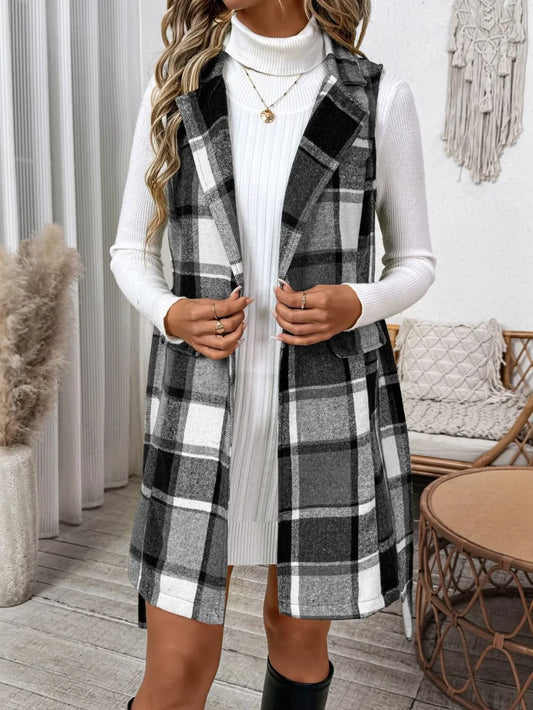 Perfee Sienna Tied Plaid Vest Coat