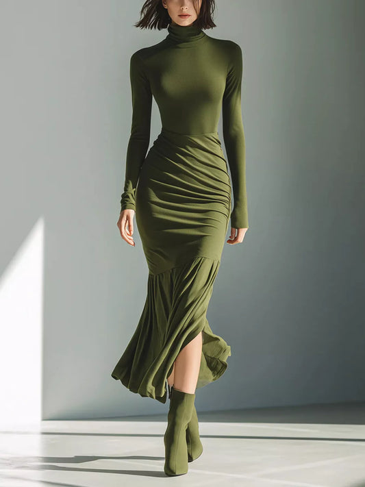 Sculpted Drape Turtleneck Ruched Mermaid Dress - Plus Size
