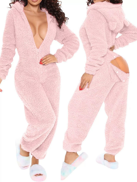 Modern Finesse Emery Fleece Hooded Open Back Jumpsuit