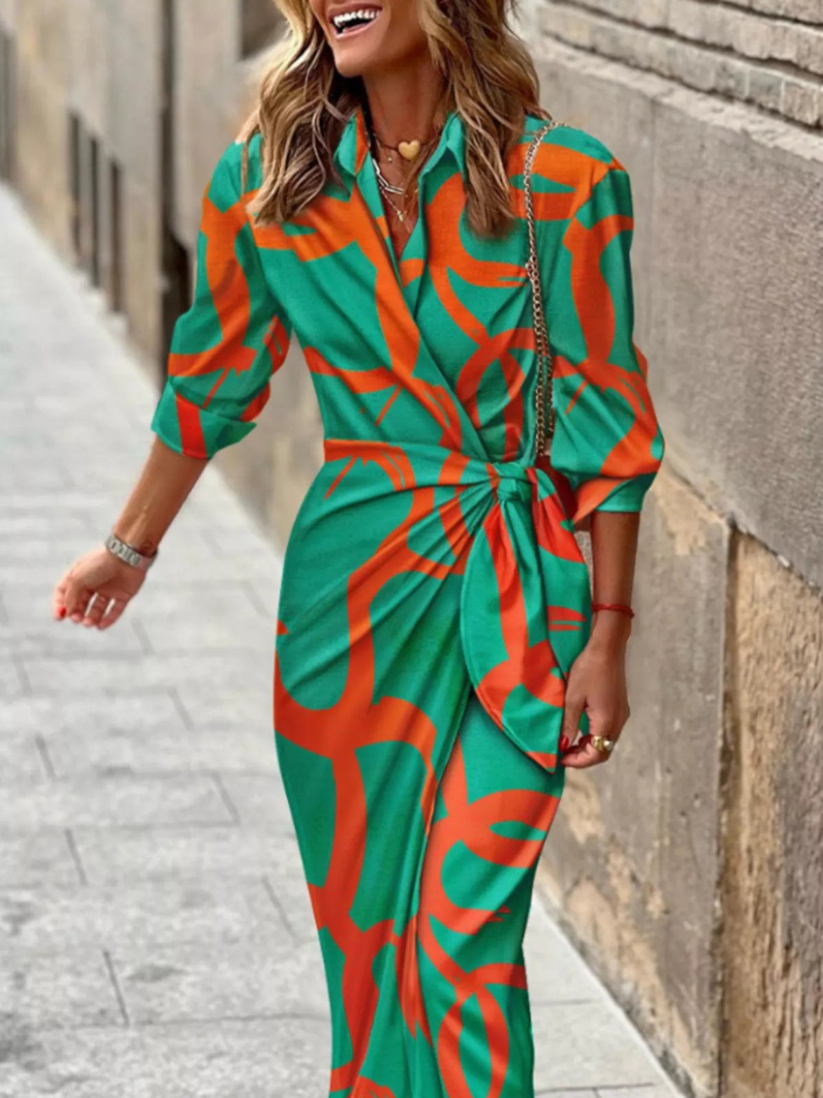 Modern Finesse Arden Printed Collared Neck Shirt Dress