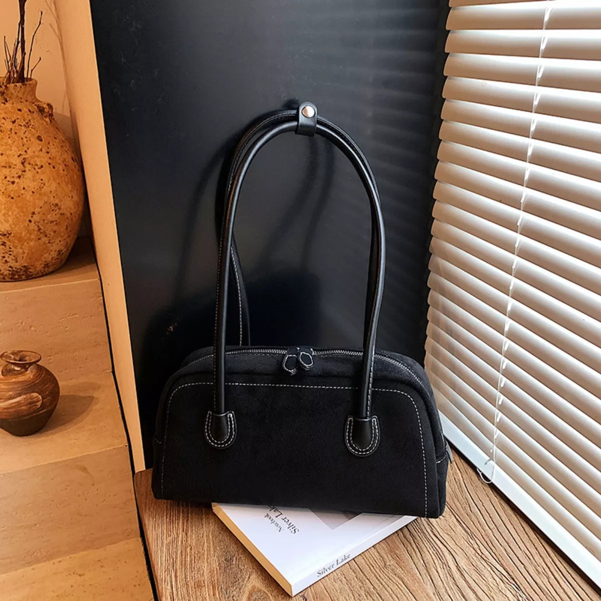 Modern Finesse Sienna Velvet Shoulder Bag with Leather Strap