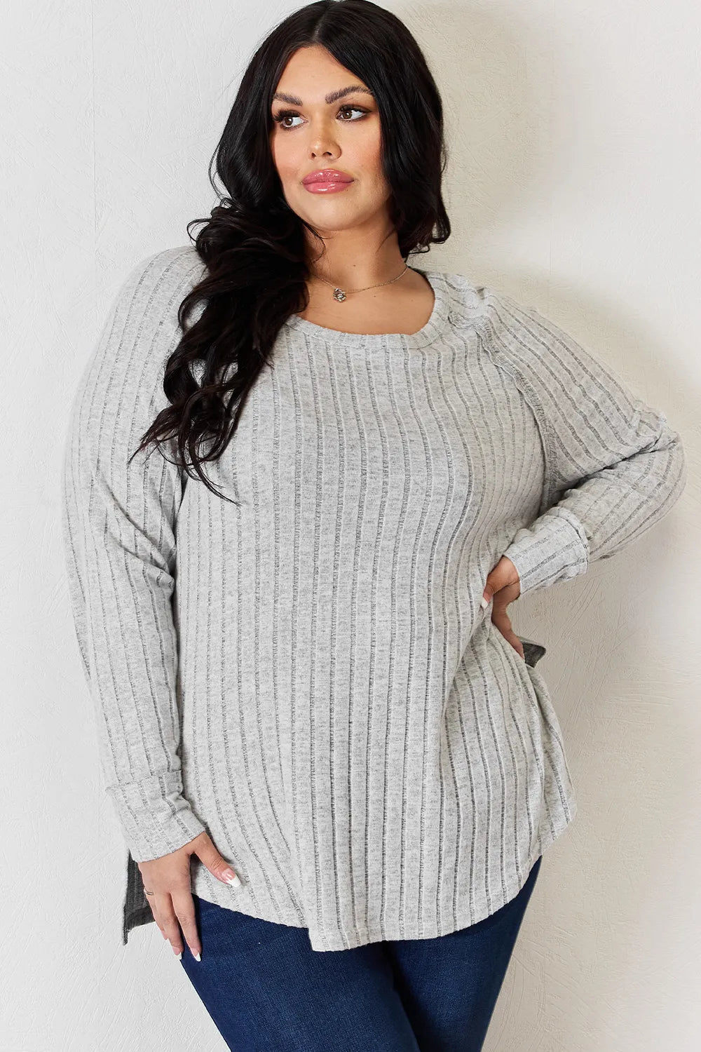 Basic Bae Sienna Ribbed Round Neck Slit T-Shirt