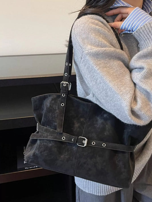 Modern Finesse Washed Line Buckle Suede Tote Bag