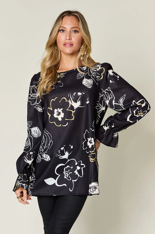 Double Take Sienna Printed Flounce Sleeve Blouse
