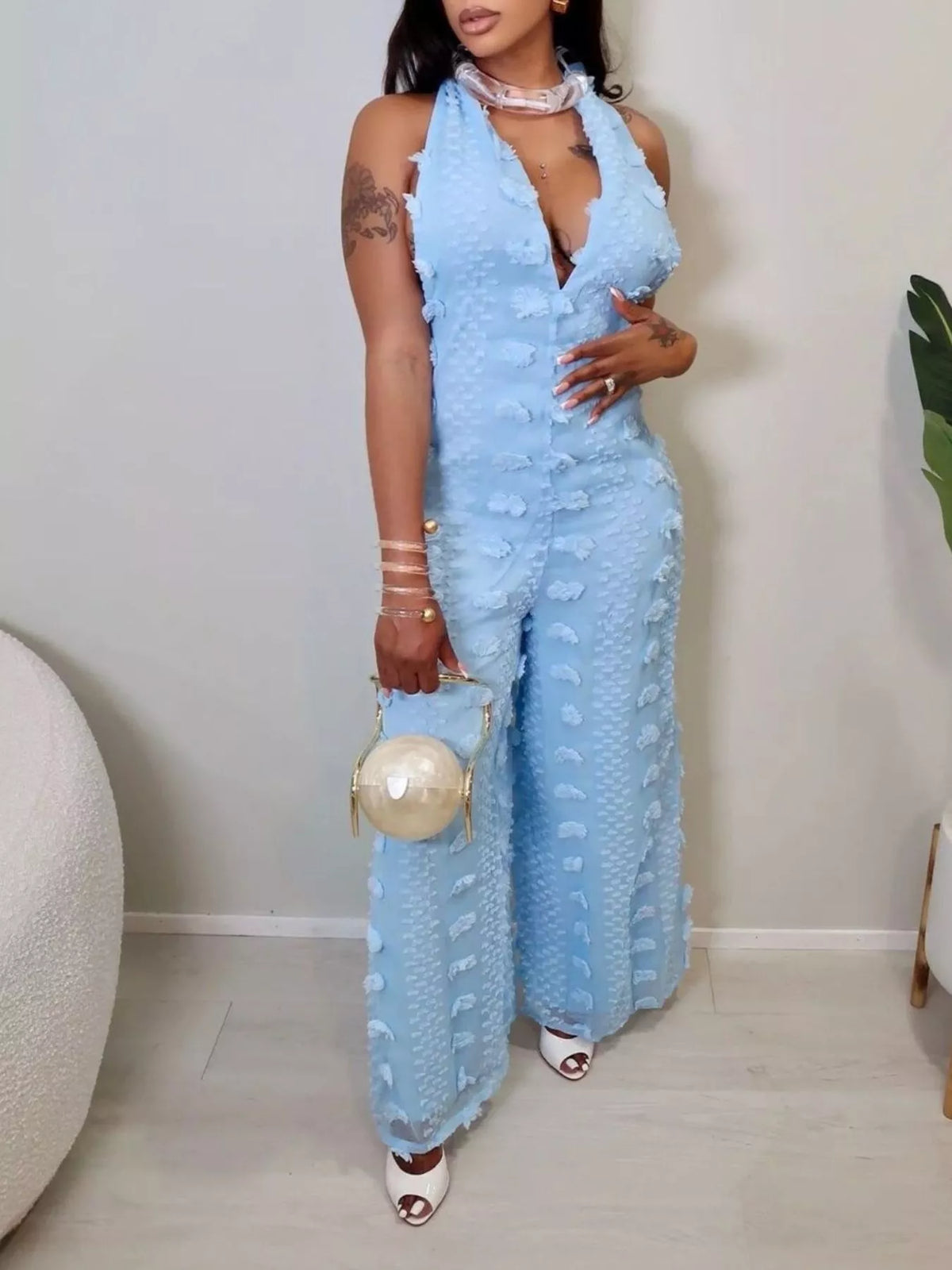 Modern Finesse Maia Textured Halter Wide-Leg Jumpsuit