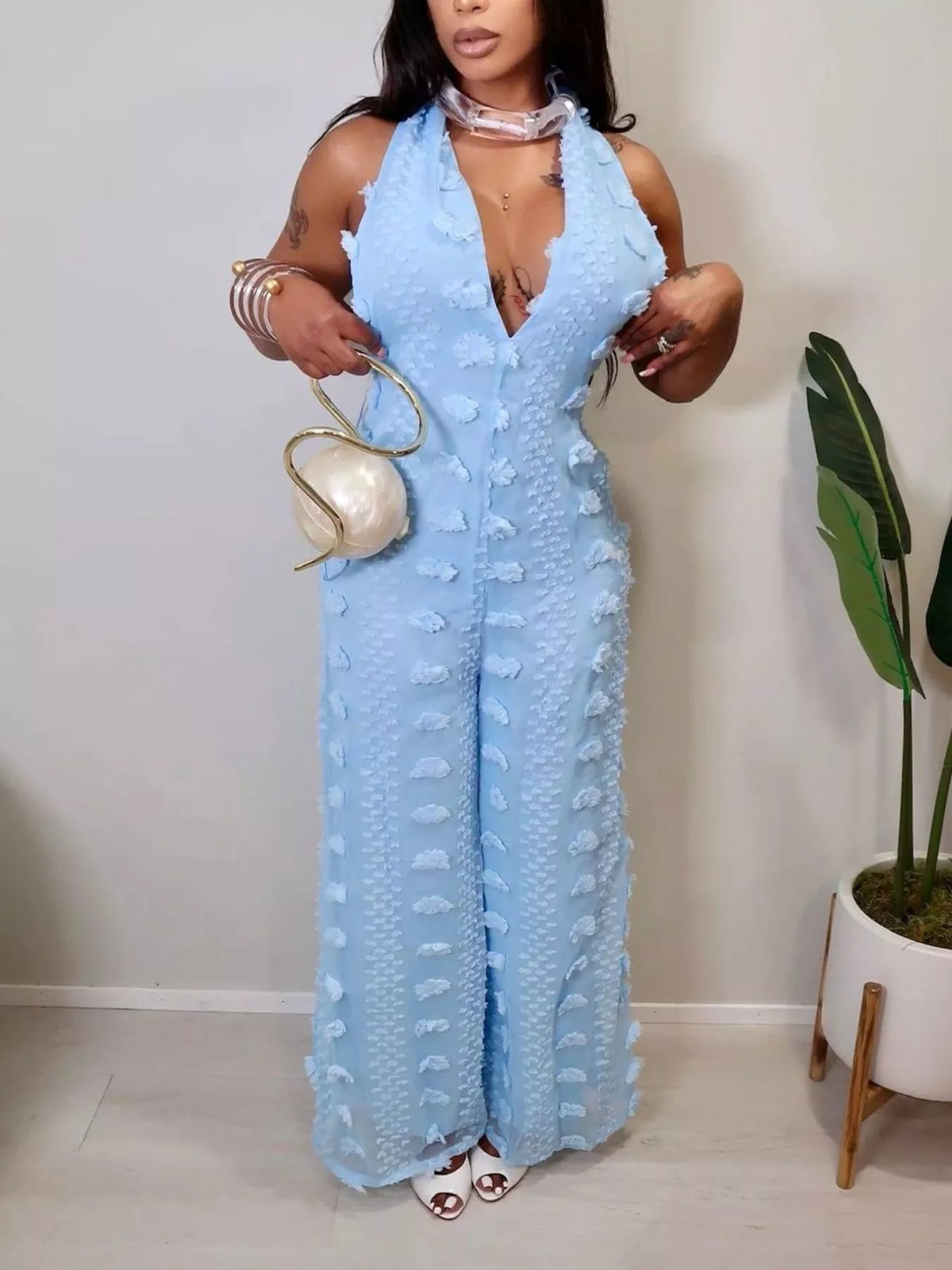 Modern Finesse Maia Textured Halter Wide-Leg Jumpsuit