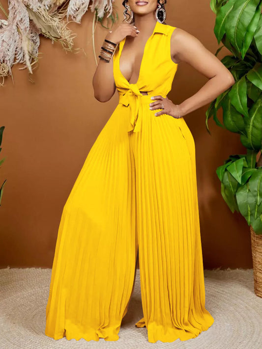 Modern Finesse Opal Tie Front Pleated Wide-Leg Jumpsuit — Extended Sizes