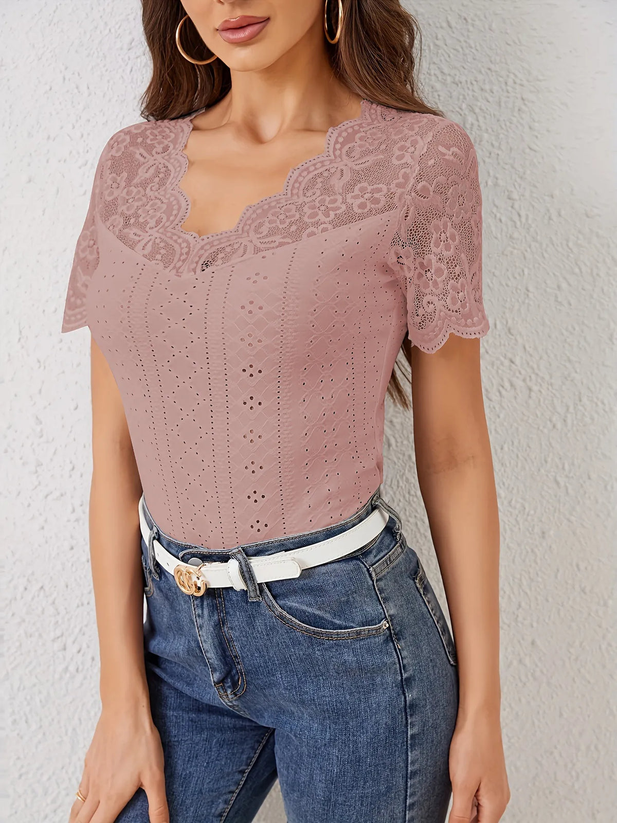Modern Finesse Marlowe Lace Scalloped V-Neck Eyelet T-Shirt