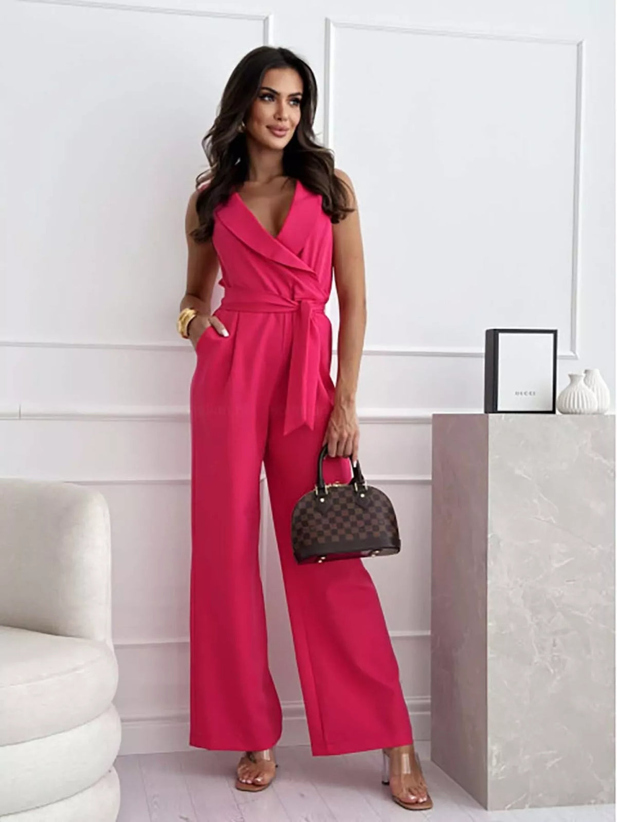 Modern Finesse Pearl Surplice Sleeveless Wide-Leg Jumpsuit