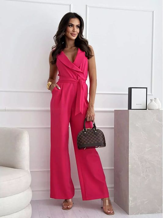 Modern Finesse Pearl Surplice Sleeveless Wide-Leg Jumpsuit