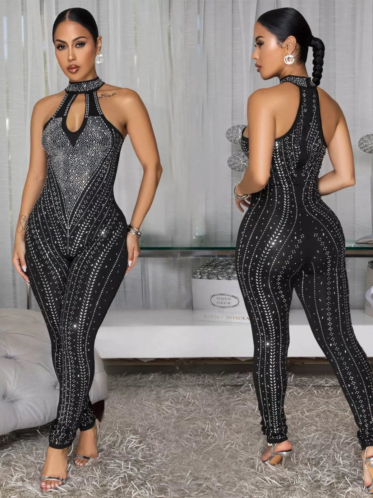 Modern Finesse Fable Sparkling Rhinestone Cutout Jumpsuit