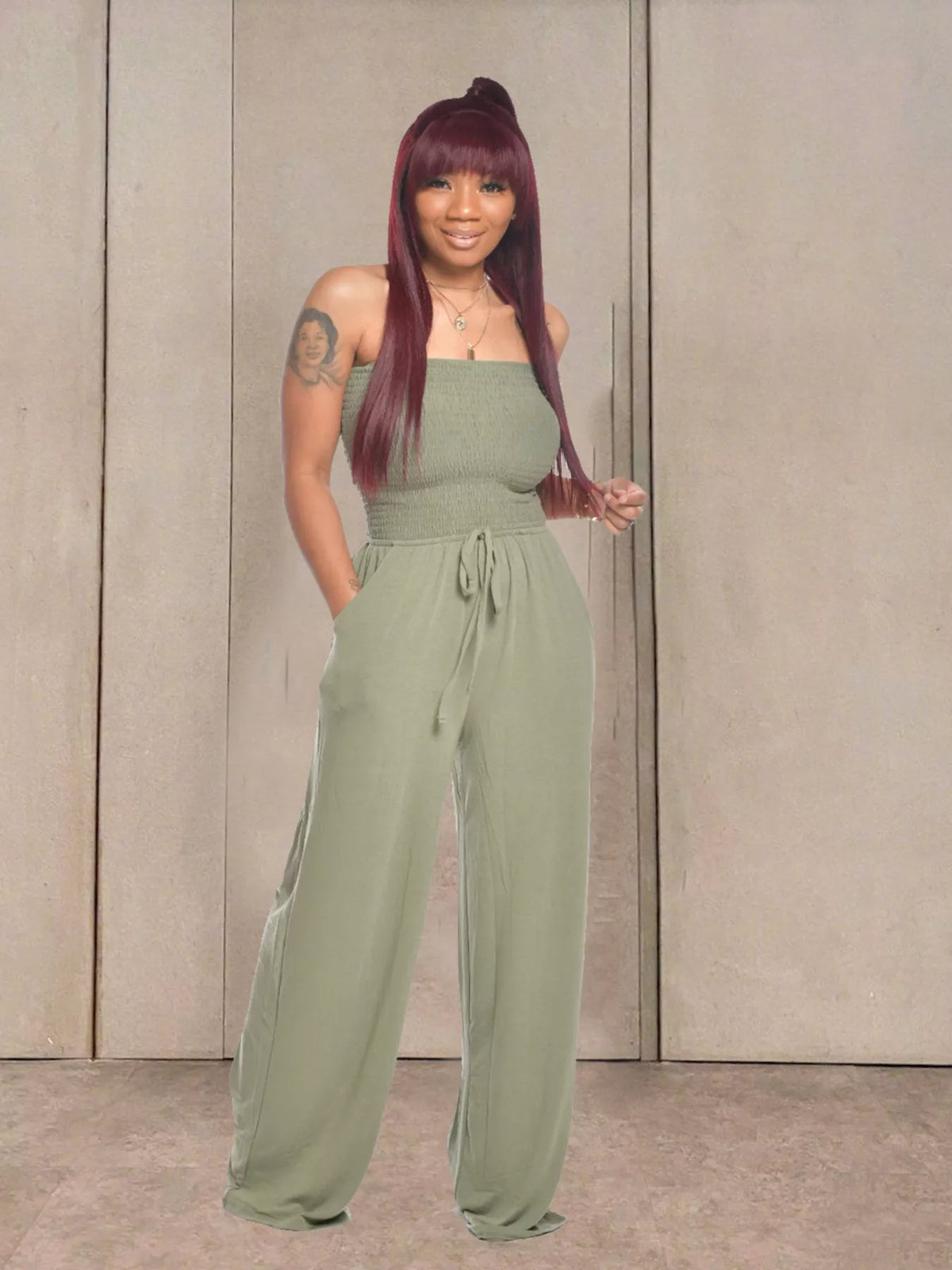 Modern Finesse Quinn Strapless Smocked Wide-Leg Jumpsuit